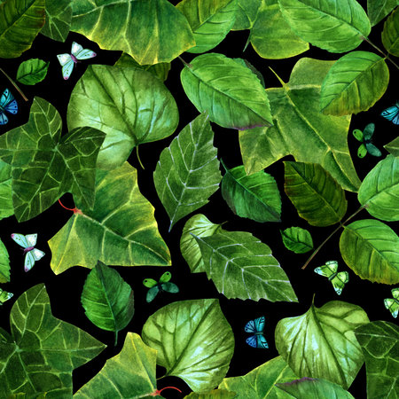 A seamless pattern with watercolour drawings of leaves with butterflies, hand painted in the style...
