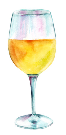 A glass of white wine, hand painted in watercolors, on white background. A decoration for a restaurant wine list, or a design element for a party invitationの写真素材