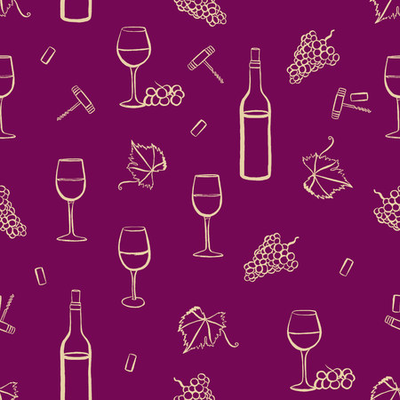 Seamless vector pattern with freehand drawings of wine glasses, grapes, bottle, corkscrew, cork, and vine leaf with tendril, light yellow on purple backgroundのイラスト素材