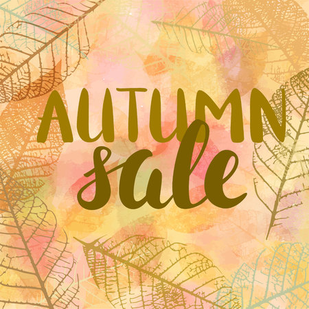 Autumn Sale banner design, with hand drawn lettering, in a frame made up by skeleton leaves, on golden background textureのイラスト素材