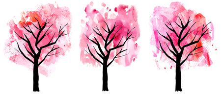 A set of abstract and watercolor drawings of pink blooming trees in spring, freehand illustrations on white backgroundのイラスト素材