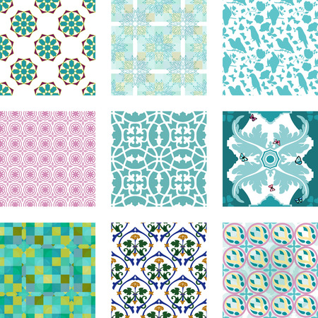 A set of seamless patterns with geometrical elements, natural shapes of birds and flowers, watercolor butterflies and abstract ornamentsのイラスト素材