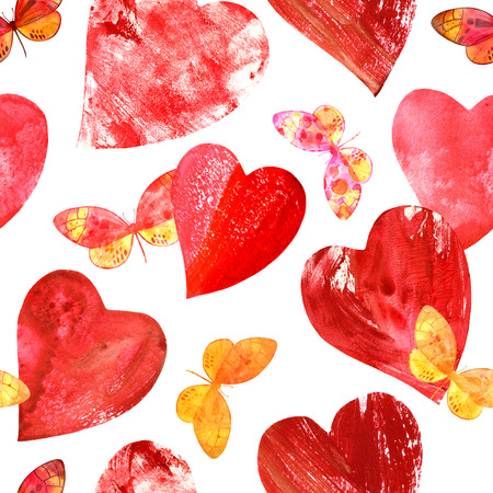 A seamless background pattern with print stamped mixed media red hearts and golden and pink watercolor butterflies, on whiteの写真素材
