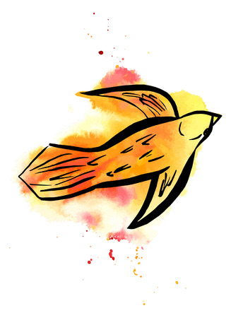 A freehand and watercolor drawing of a golden bird in flight, with splashes of paint, on white backgroundのイラスト素材