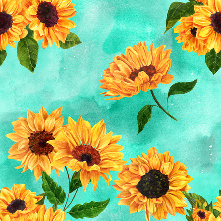 A retro style seamless texture with hand drawn vibrant watercolor sunflowers on a teal blue backgroundの写真素材