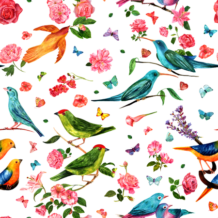A seamless pattern with vintage style watercolor drawings of birds, flowers - roses, camellias, lilies, and others - and butterflies, hand painted on white background.の写真素材