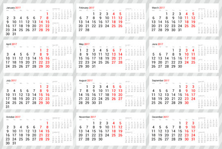 Year 2017 scalable desk or spiral calendar - all 12 months with next one and previous one on single page - with week starting on Monday. Strict office design in grey, black, and red on whiteのイラスト素材