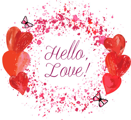 A circular border for text formed by hand painted pink butterflies and print stamped hearts, with splashes of watercolorのイラスト素材