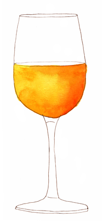 A glass of white wine on white background, freehand ink and watercolour drawingの写真素材