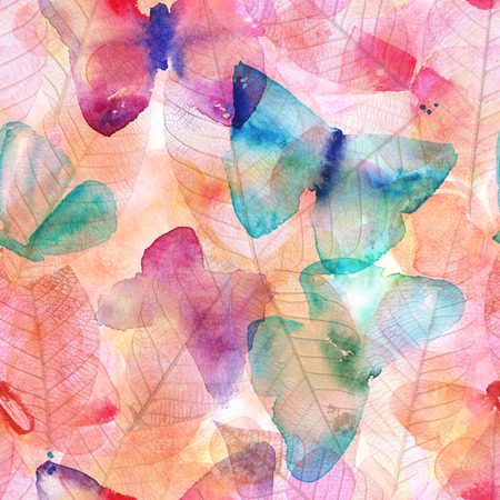 A watercolor background texture in pastel tones with butterflies and skeleton leavesの写真素材