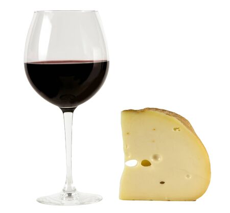 A photo of a glass of wine and a large slice of gourmet cheese, side view, isolated on a white backgroundの写真素材
