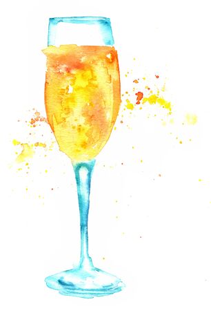 A watercolor drawing of a flute glass of sparkling wine, hand painted on white backgroundの写真素材