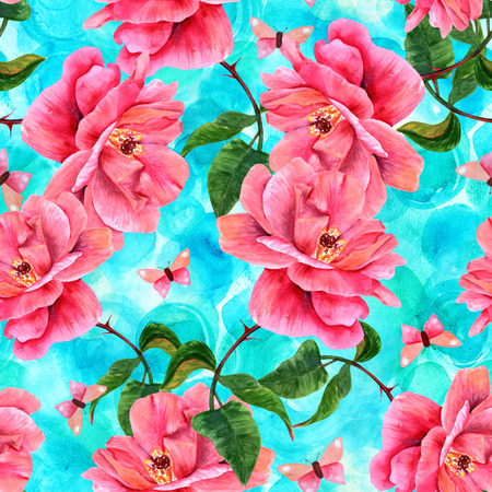 A seamless pattern with a watercolor drawing of a blooming pink rose and a butterfly, hand painted on a teal background in the style of vintage botanical artの写真素材