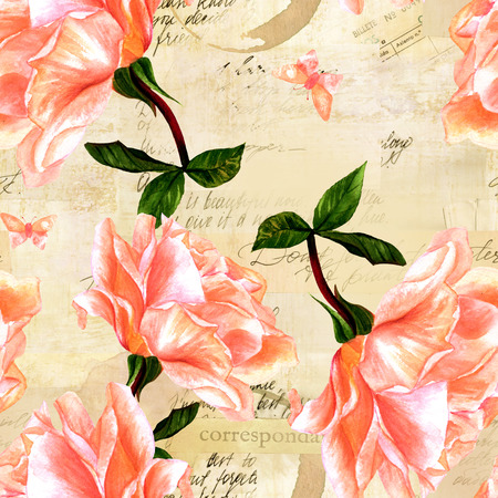A seamless pattern with a watercolor drawing of a blooming pink rose and a butterfly, hand painted in the style of vintage botanical art, on the background of old ephemeraの写真素材