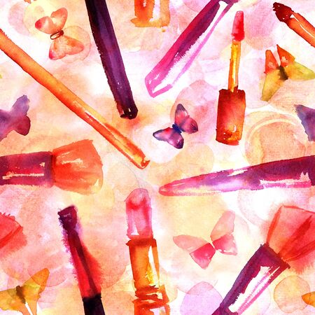 A seamless background pattern with freehand watercolor drawings of makeup brushes, lipstick, and gloss, and tender butterfliesの写真素材
