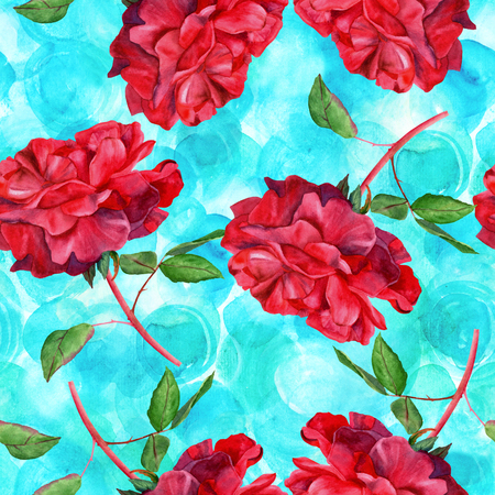 A seamless pattern with a watercolor drawing of a blooming red rose, hand painted on a teal blue background in the style of vintage botanical artの写真素材