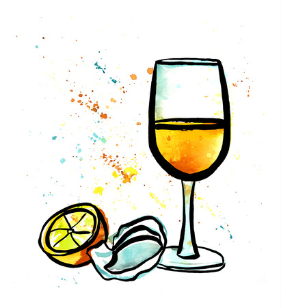 Vector and watercolour glass of white wine with oysterのイラスト素材
