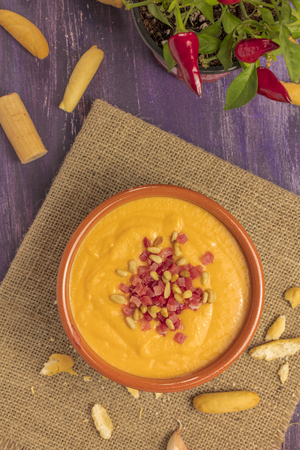 Salmorejo, traditional Spanish cold soup with breadの写真素材
