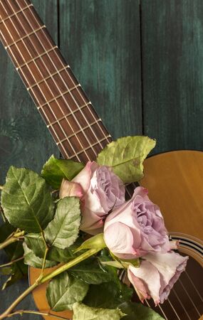 Guitar neck with tender pink roses on dark backgroundの写真素材