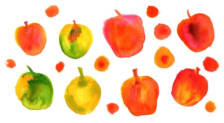 Collection of vibrant quirky watercolor apples on whiteの写真素材