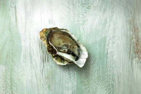 Freshly opened oyster on wooden background textureの写真素材