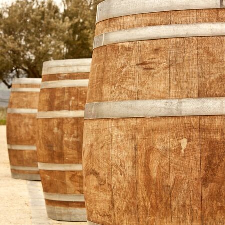 Row of wine barrels, toned in sepiaの写真素材