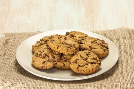 Chocolate chips cookies on plate with copyspaceの写真素材