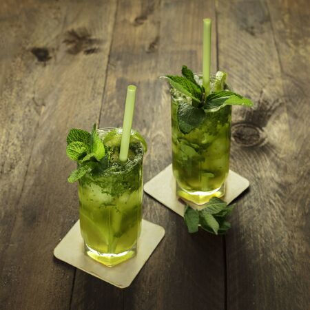 Mojito cocktails with mint leaves and limeの写真素材