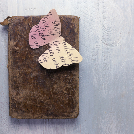 Old book with watercolor paper butterfly and copyspaceの写真素材
