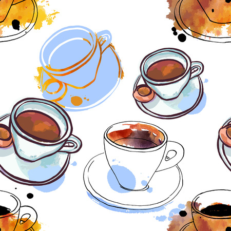 Seamless pattern of freehand vector and watercolour coffee drawiのイラスト素材