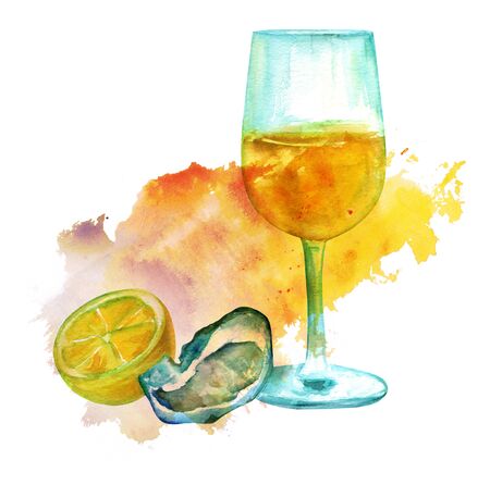Wine with oyster and lemon on colorful textureの写真素材