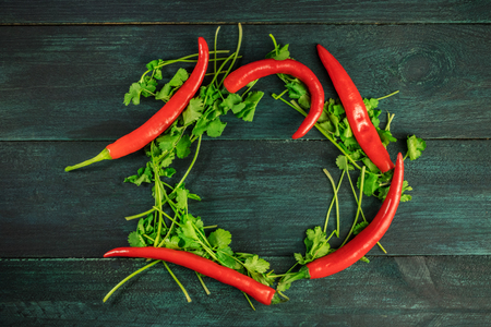 Wreath of cilantro leaves with chili peppers and copyspaceの写真素材