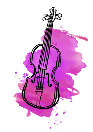 Pen and ink drawing of vintage violin with watercolor stainのイラスト素材