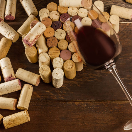 Glass of red wine and corks with place for textの写真素材