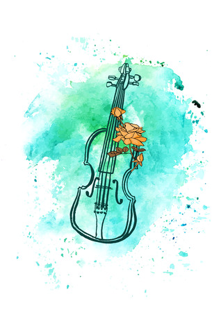 Vintage violin with rose and watercolor textureのイラスト素材