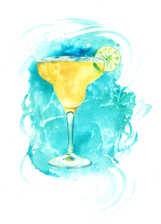 Watercolour Margarita cocktail with teal stain and copyspaceの写真素材