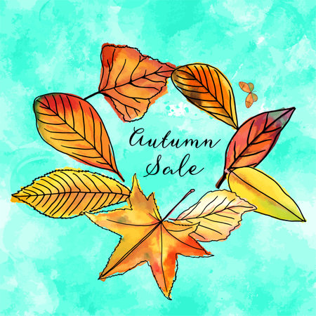 Autumn Sale vector and watercolor banner with leaves and textureのイラスト素材