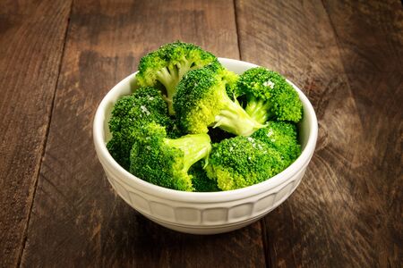 Cooked green broccoli with sea salt and copyspaceの写真素材