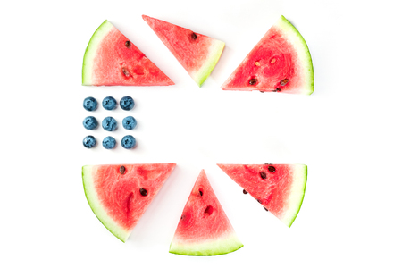 Blueberries and watermelon slices in colors of American flag onの写真素材