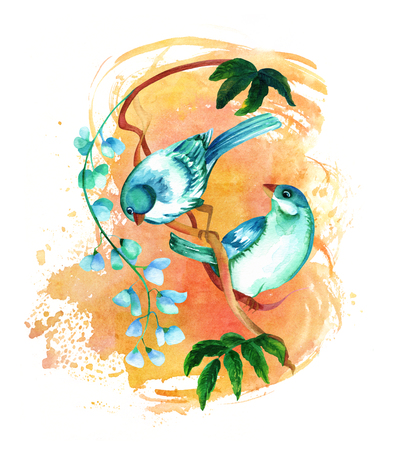 Teal watercolor birds on branch with flowers, on golden textureの写真素材