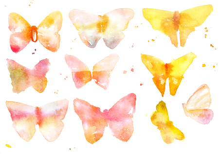 Collection of abstract golden watercolour butterflies on whiteの写真素材