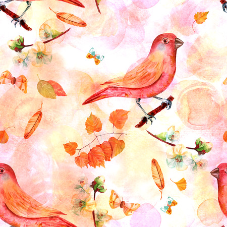 Seamless pattern with vintage style watercolor birds and flowersの写真素材