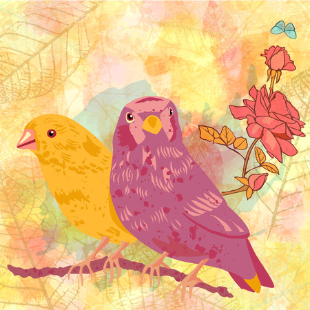 Vector postcard with birds and roses on golden autumn leavesのイラスト素材