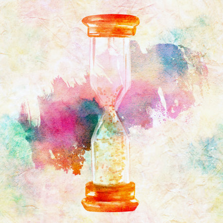 Watercolor drawing of vintage hourglas on toned background