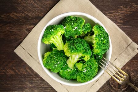 Cooked green broccoli with sea salt and copyspaceの写真素材