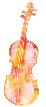 Golden toned pencil drawing of vintage violin on whiteの写真素材