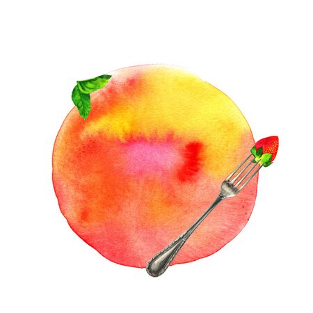 Vegan food frame with watercolor mint leaves, strawberry, and foの写真素材