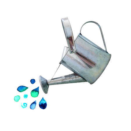 Old watering can with watercolor water dropsの写真素材