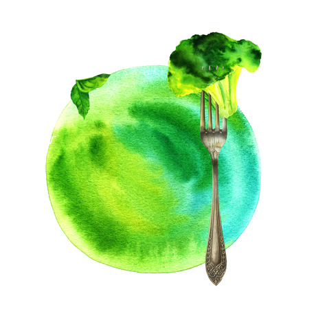 With watercolor mint leaves and broccoli on fork, vegan foodの写真素材