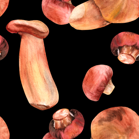 Seamless pattern with watercolor mushroom drawings on blackの写真素材